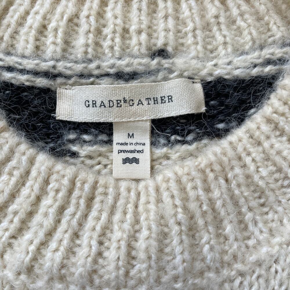 Grade & Gather M Fuzzy Knit Sweater | Cream Black Abstract Striped Pullover Soft - Picture 3 of 8